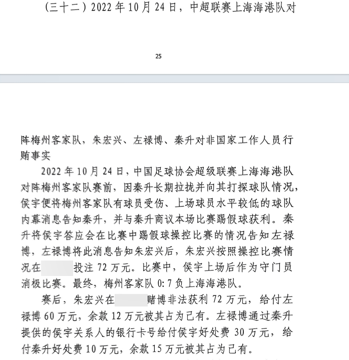 網(wǎng)傳判決書：梅州0-7海港，梅州守門員侯宇收30萬好處費消極比賽
